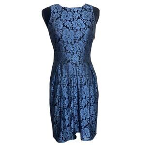 ELIZA J Dress Womens Size 4 Blue Lace Floral Sleeveless Lined Open Back Dress